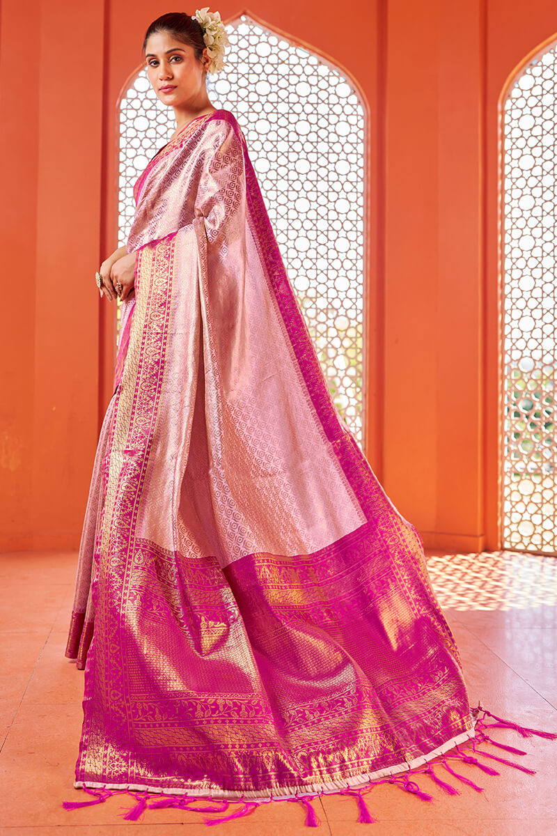 Ornate Baby Pink Kanjivaram Silk Saree With Smashing Blouse Piece