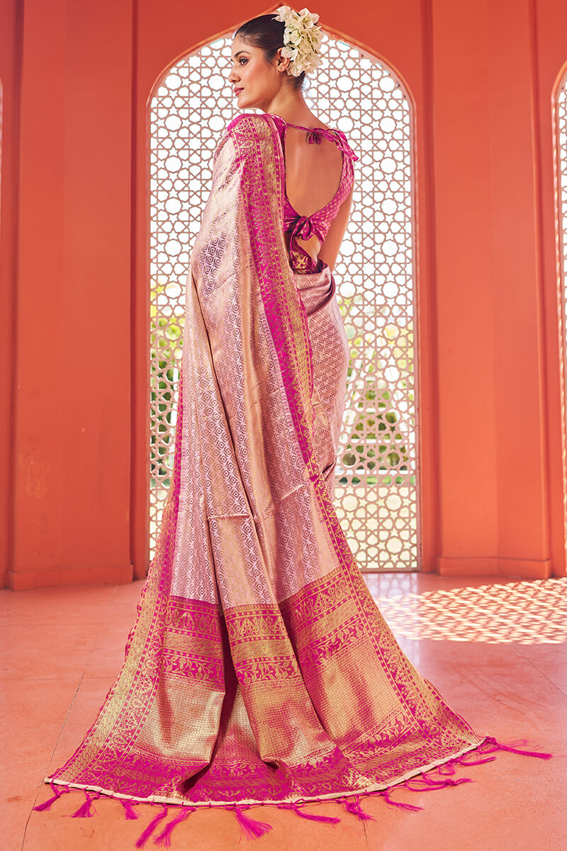 Ornate Baby Pink Kanjivaram Silk Saree With Smashing Blouse Piece