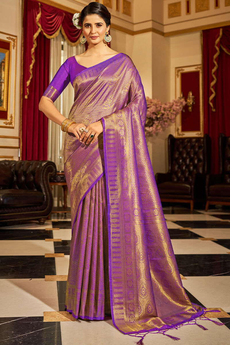 Elision Purple Kanjivaram Silk Saree With Assemblage Blouse Piece