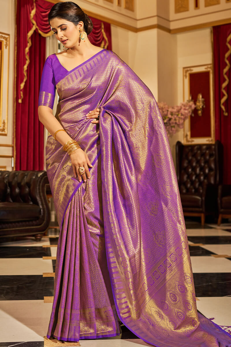 Elision Purple Kanjivaram Silk Saree With Assemblage Blouse Piece