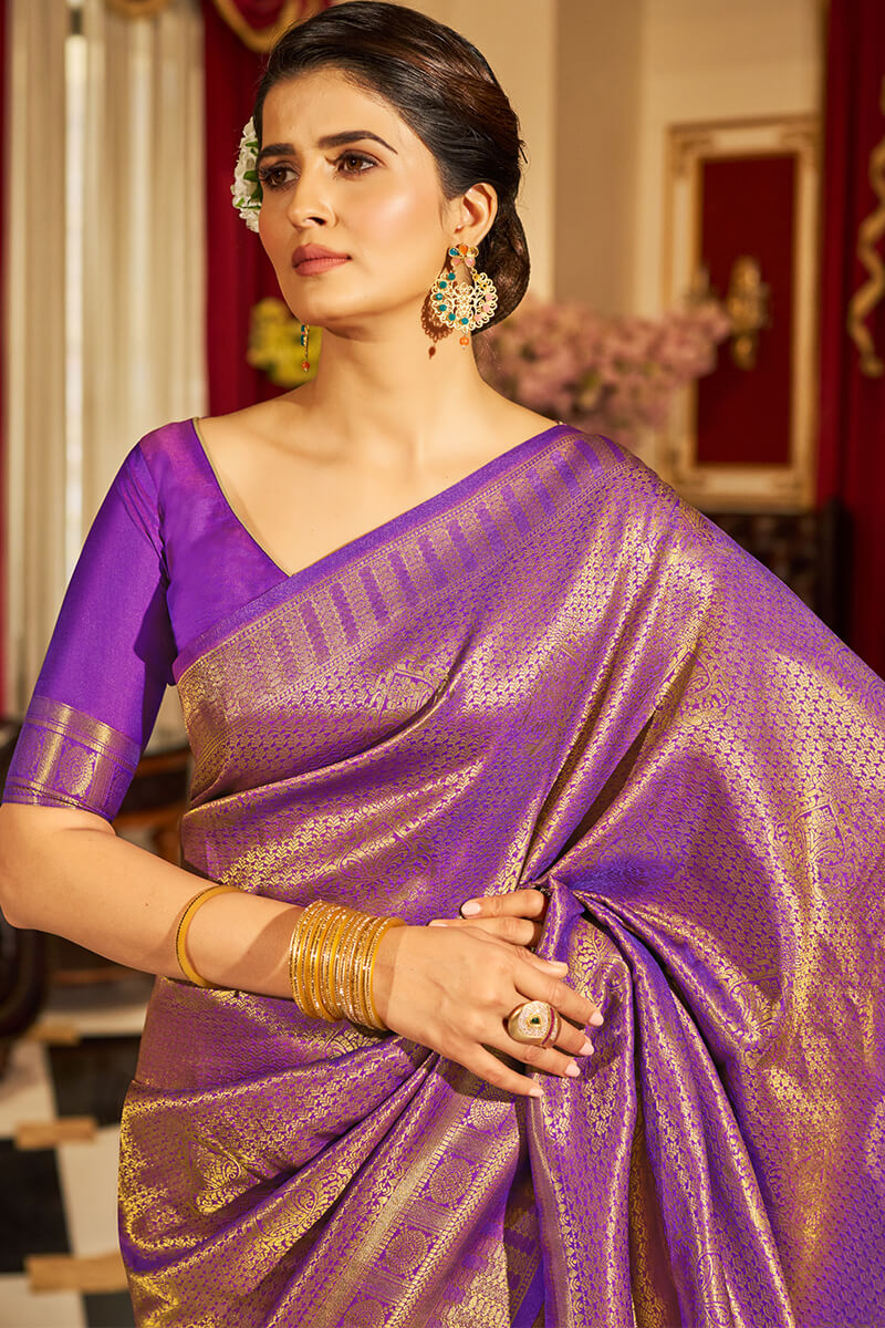 Elision Purple Kanjivaram Silk Saree With Assemblage Blouse Piece