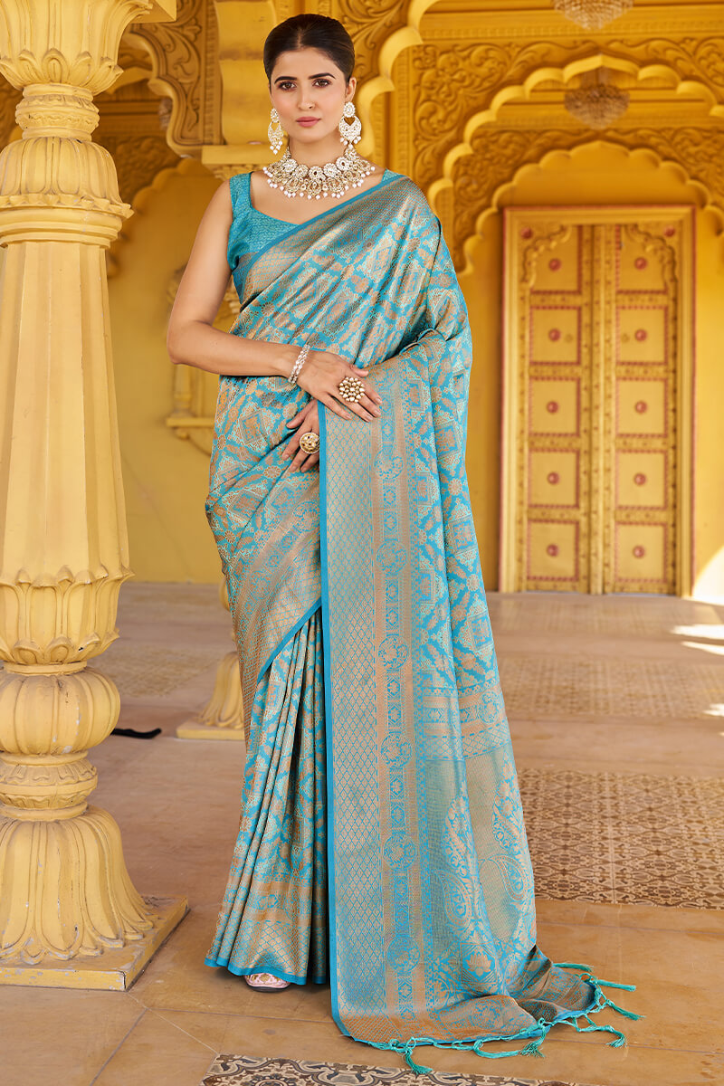 Lagniappe Firozi Kanjivaram Silk Saree With Incredible Blouse Piece