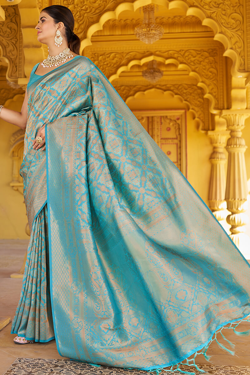 Lagniappe Firozi Kanjivaram Silk Saree With Incredible Blouse Piece