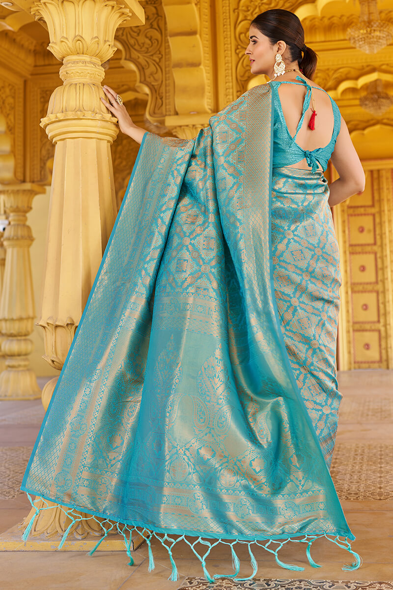 Lagniappe Firozi Kanjivaram Silk Saree With Incredible Blouse Piece