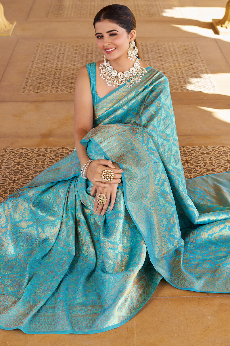 Lagniappe Firozi Kanjivaram Silk Saree With Incredible Blouse Piece