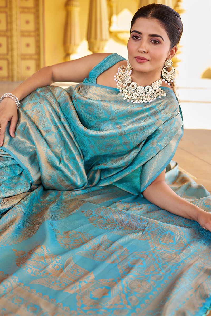 Lagniappe Firozi Kanjivaram Silk Saree With Incredible Blouse Piece