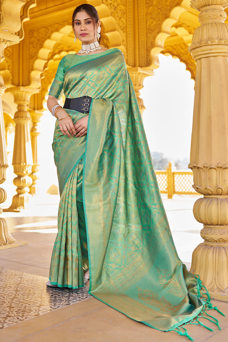 Lagniappe Green Kanjivaram Silk Saree With Incredible Blouse Piece