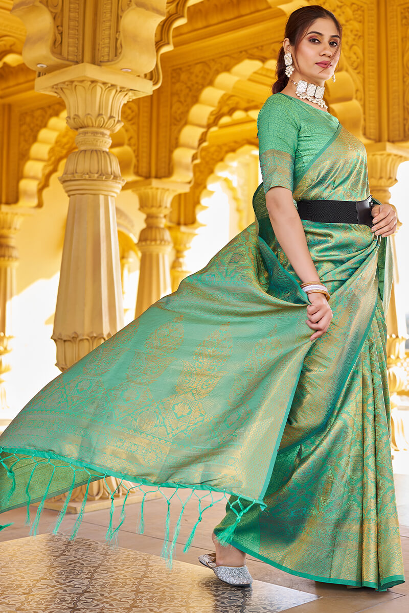 Lagniappe Green Kanjivaram Silk Saree With Incredible Blouse Piece