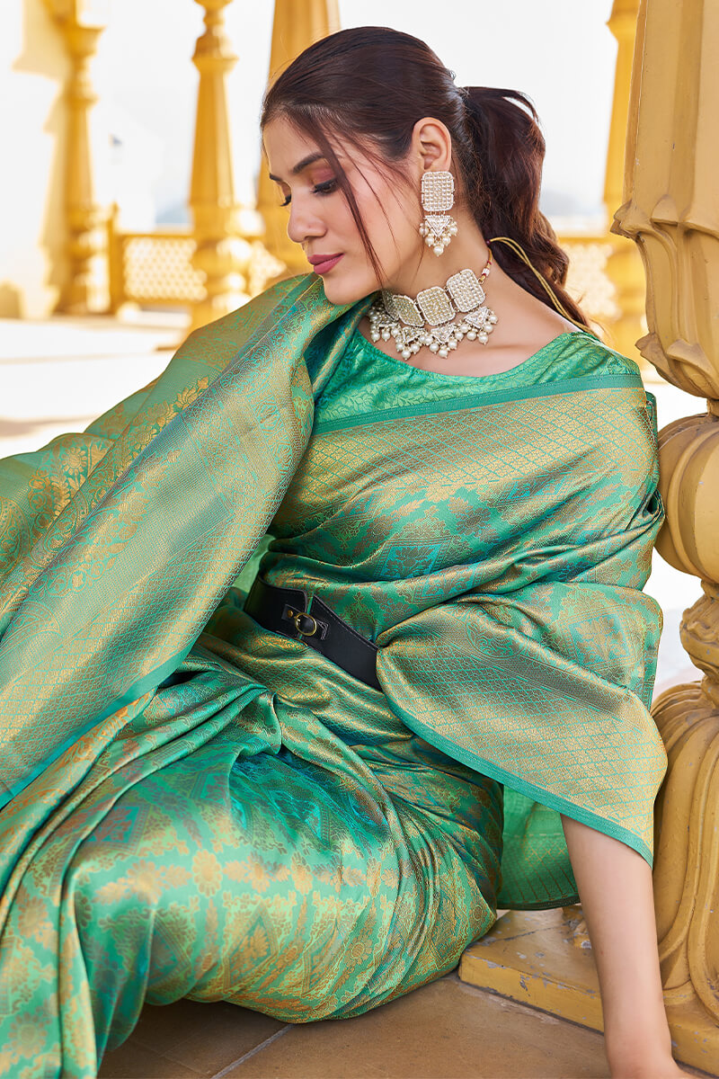 Lagniappe Green Kanjivaram Silk Saree With Incredible Blouse Piece