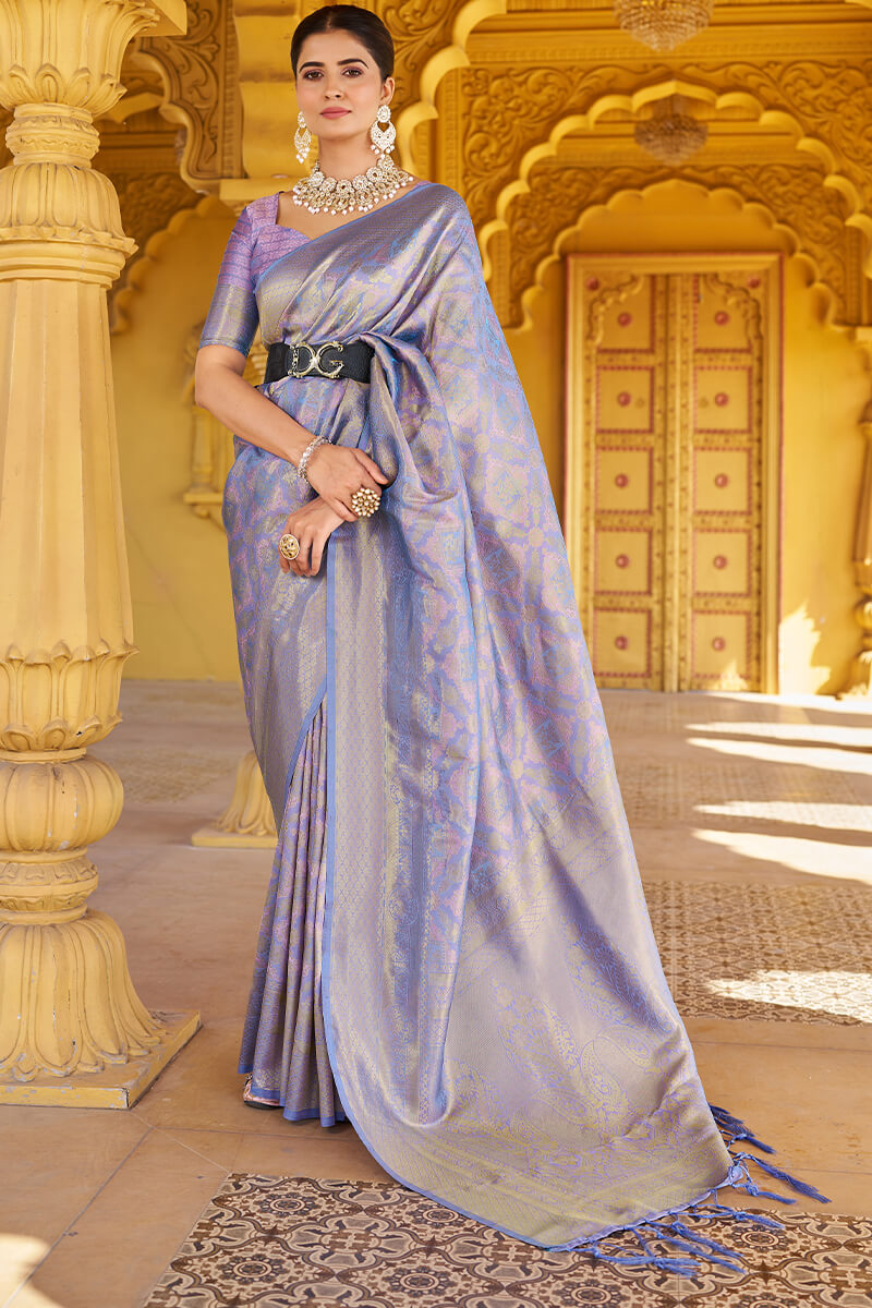 Lagniappe Lavender Kanjivaram Silk Saree With Incredible Blouse Piece