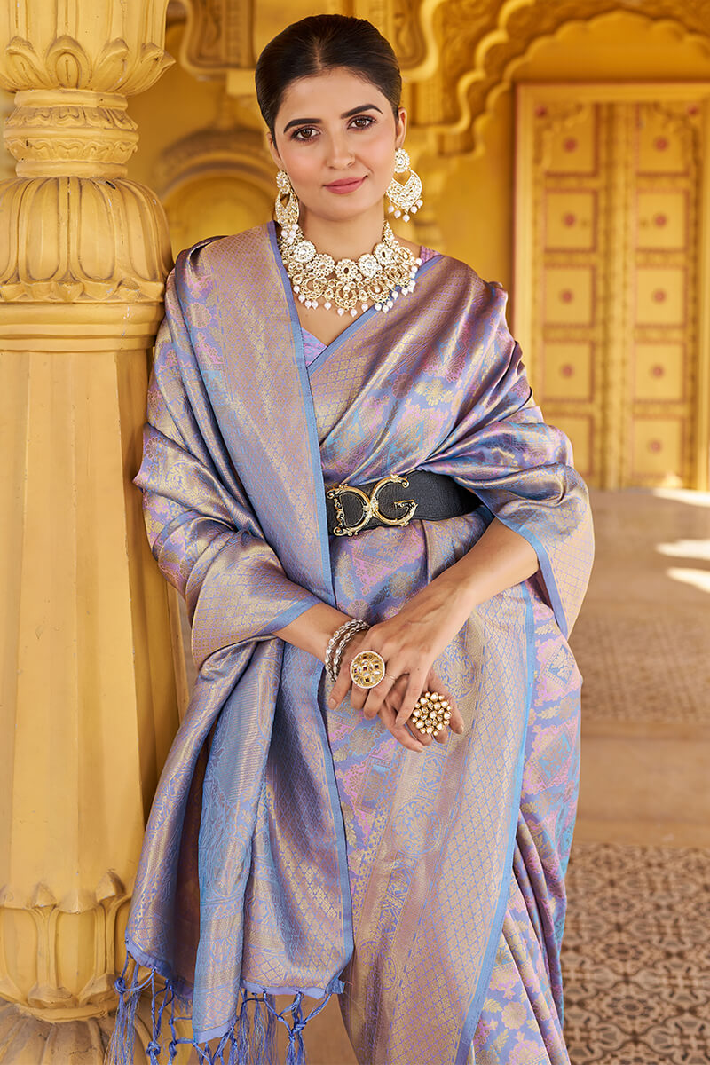 Lagniappe Lavender Kanjivaram Silk Saree With Incredible Blouse Piece