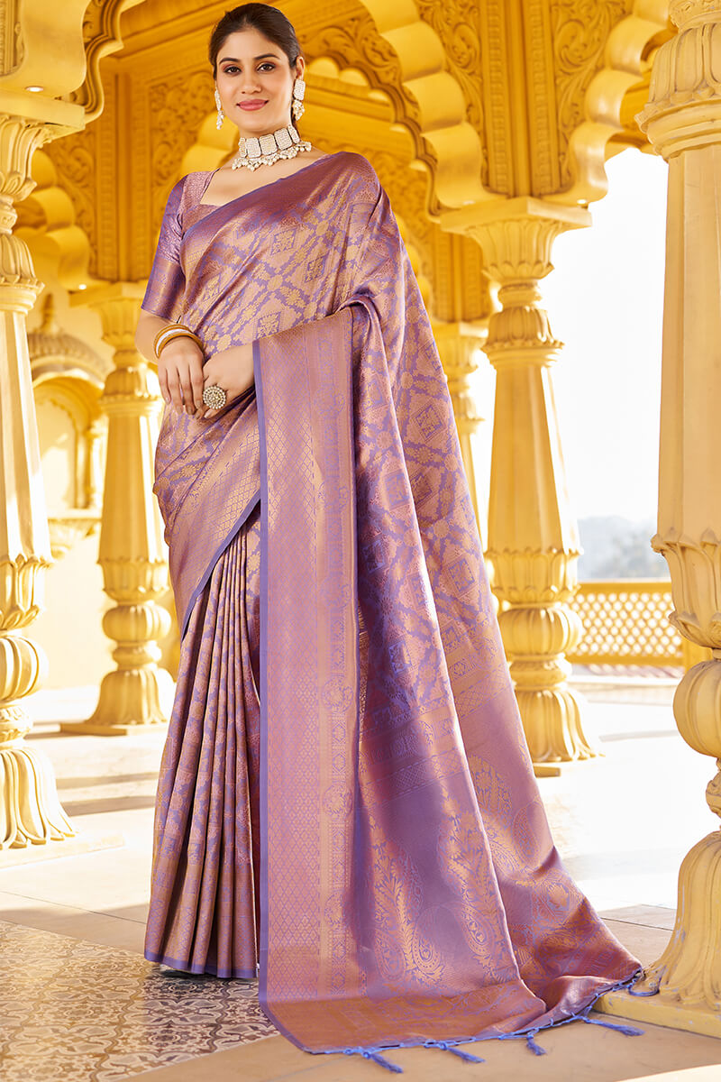 Lagniappe Purple Kanjivaram Silk Saree With Incredible Blouse Piece