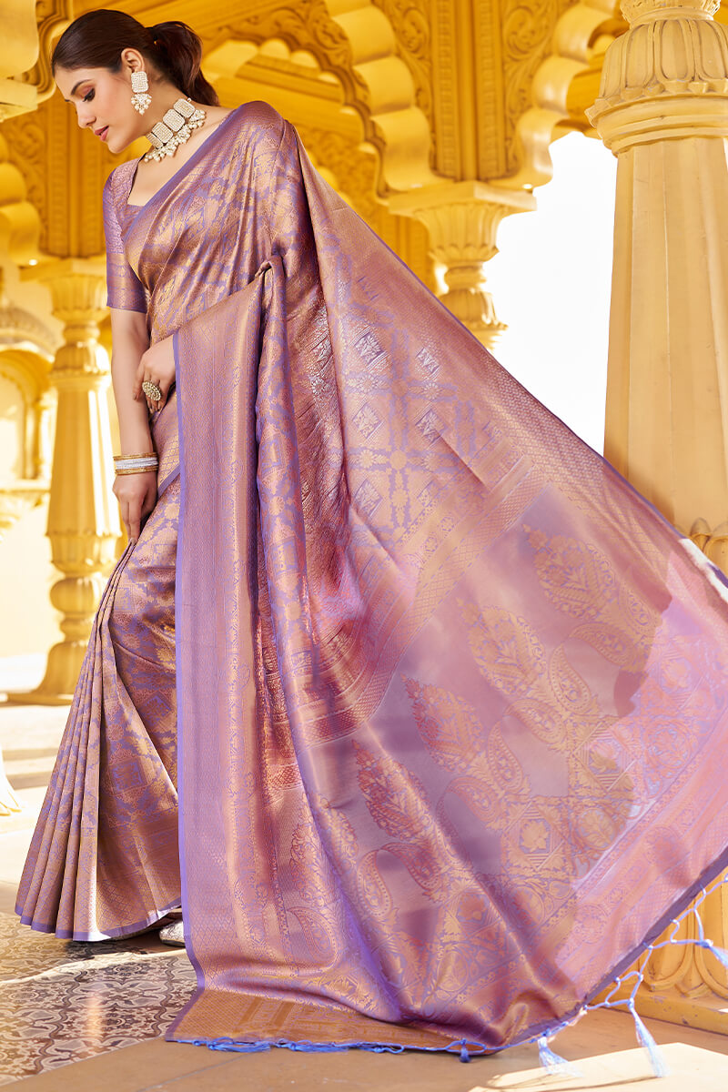 Lagniappe Purple Kanjivaram Silk Saree With Incredible Blouse Piece