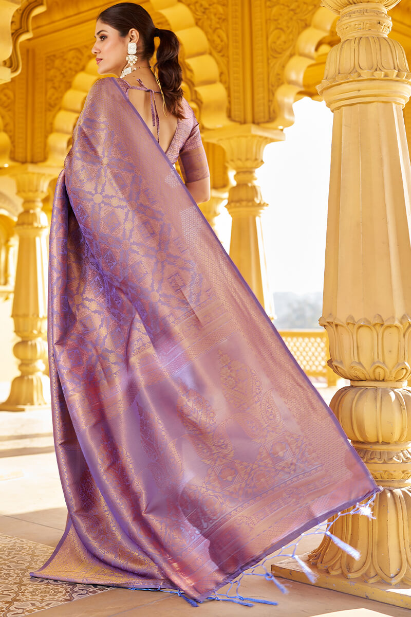 Lagniappe Purple Kanjivaram Silk Saree With Incredible Blouse Piece