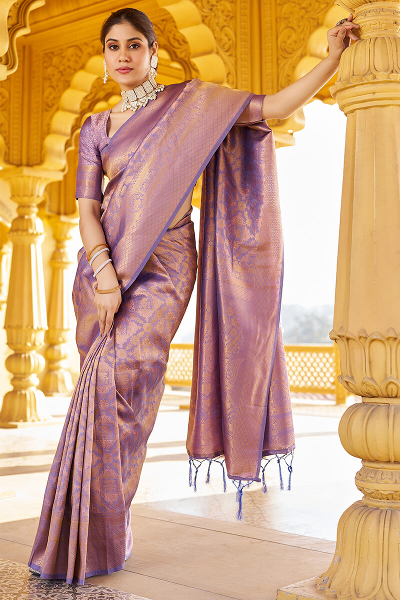 Lagniappe Purple Kanjivaram Silk Saree With Incredible Blouse Piece