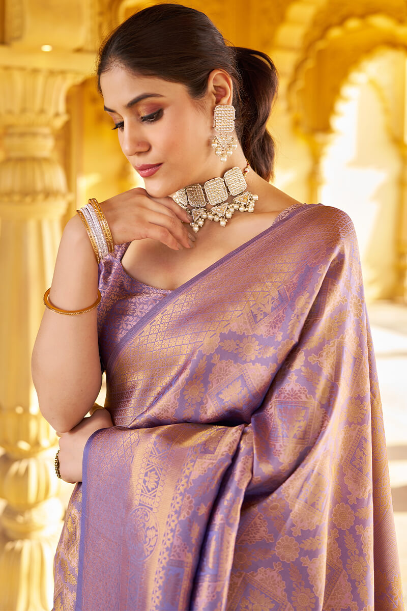 Lagniappe Purple Kanjivaram Silk Saree With Incredible Blouse Piece