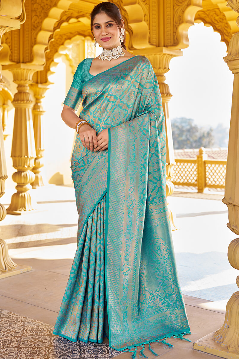 Lagniappe Sea Green Kanjivaram Silk Saree With Incredible Blouse Piece