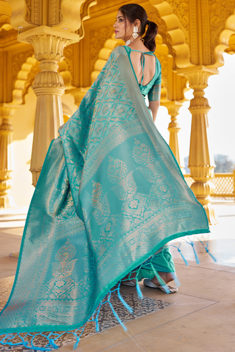 Lagniappe Sea Green Kanjivaram Silk Saree With Incredible Blouse Piece