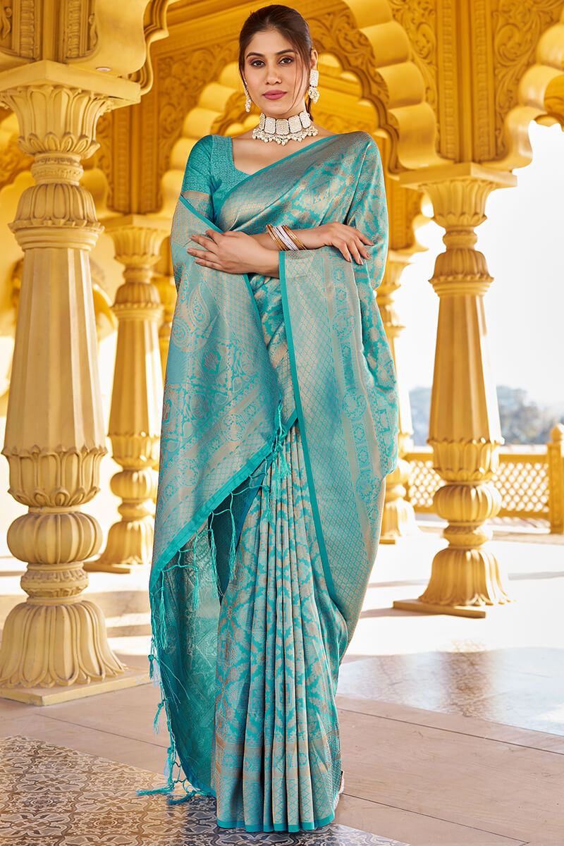 Lagniappe Sea Green Kanjivaram Silk Saree With Incredible Blouse Piece