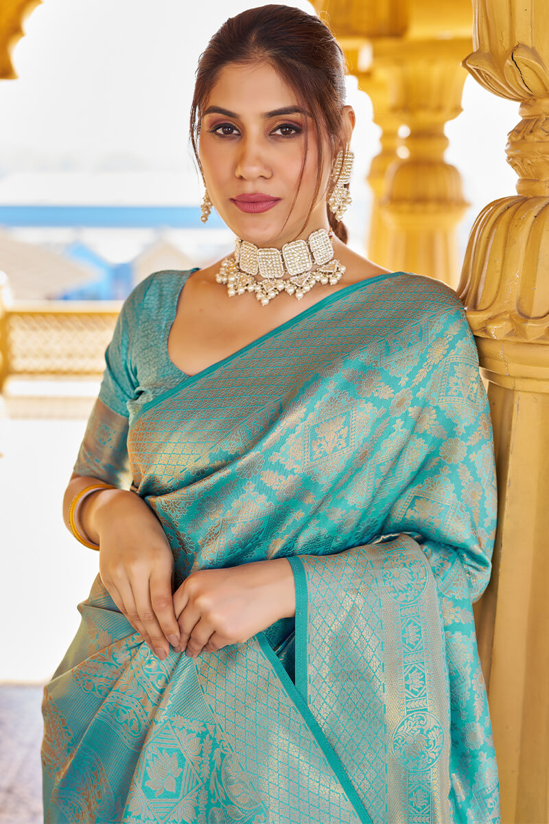 Lagniappe Sea Green Kanjivaram Silk Saree With Incredible Blouse Piece