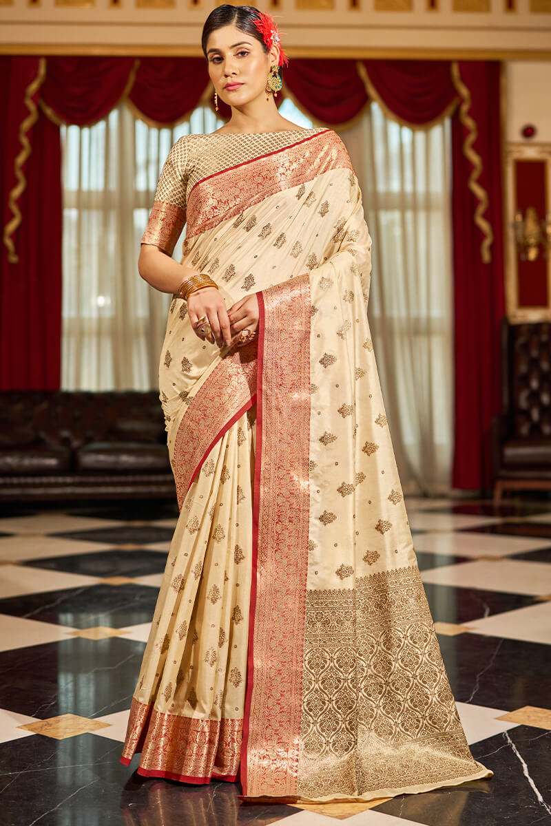 Lassitude Beige Soft Banarasi Silk Saree With Beauteous Blouse Piece