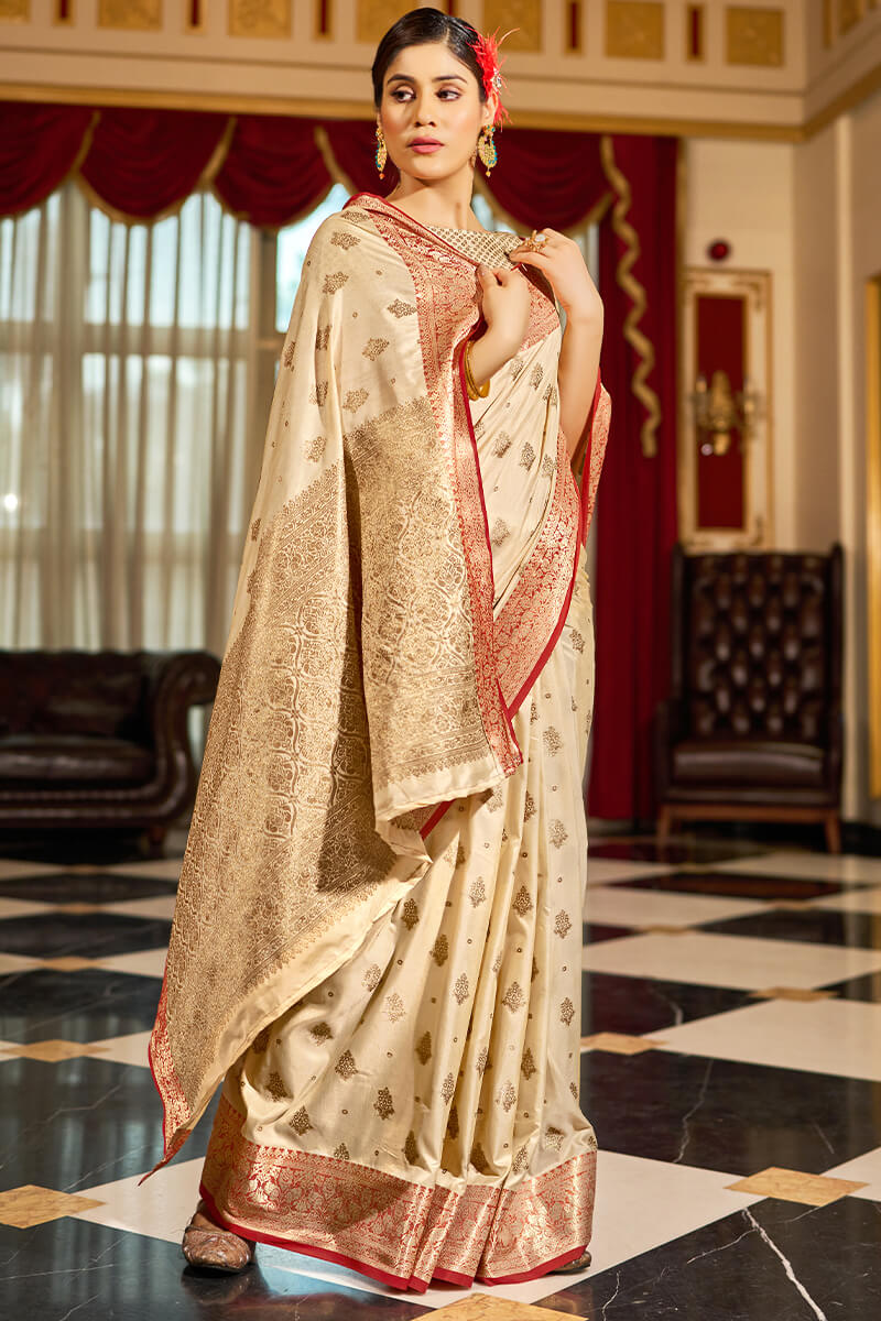 Lassitude Beige Soft Banarasi Silk Saree With Beauteous Blouse Piece