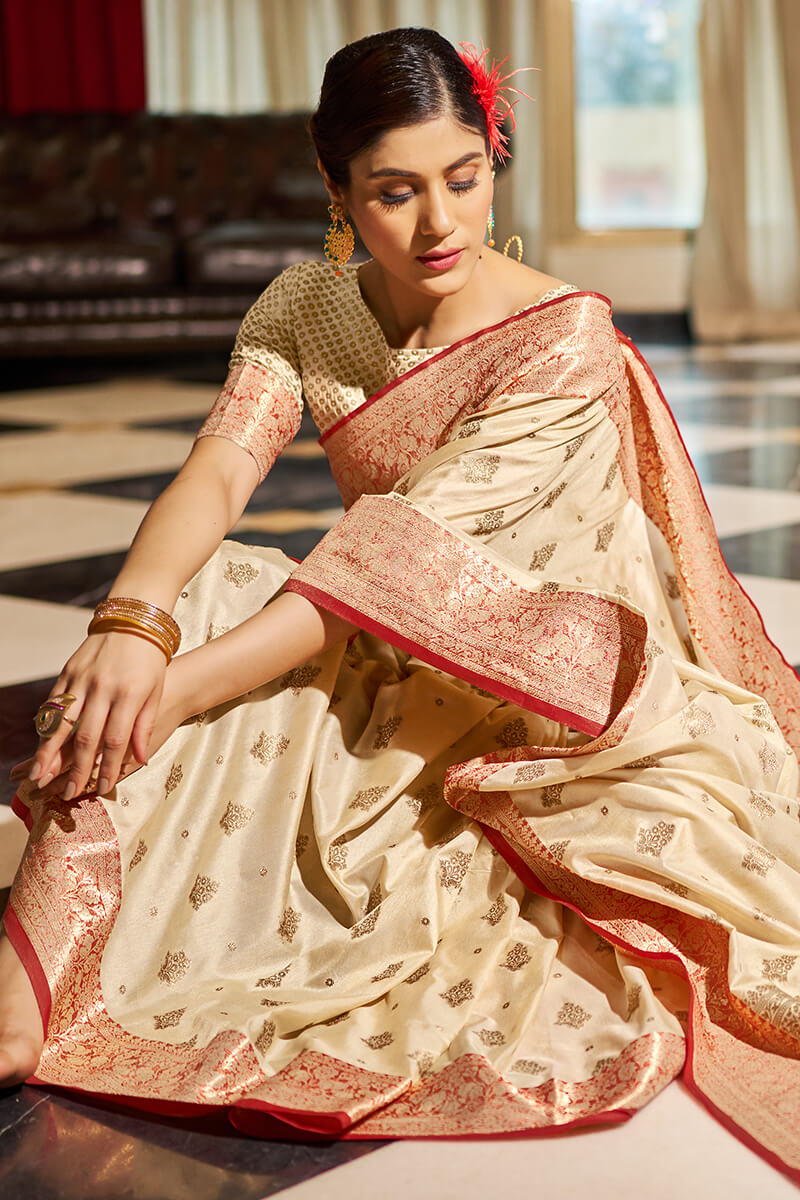 Lassitude Beige Soft Banarasi Silk Saree With Beauteous Blouse Piece