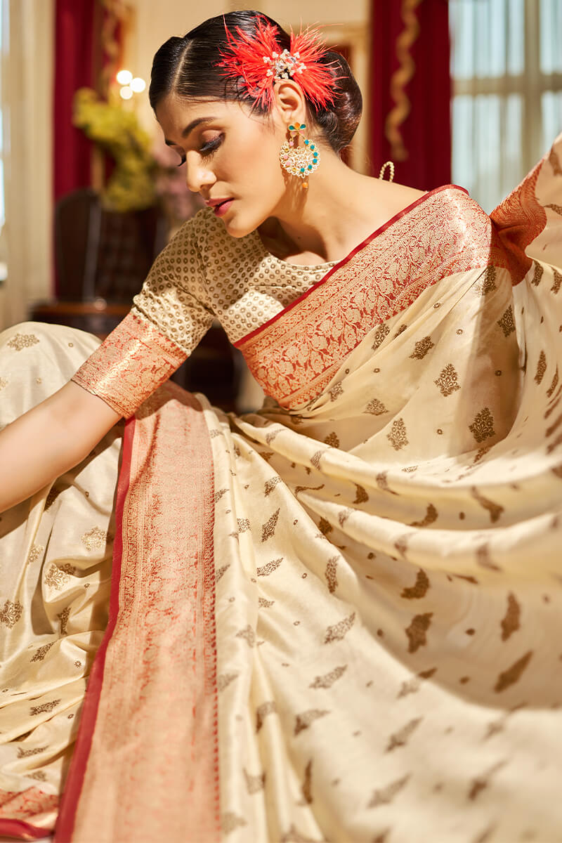 Lassitude Beige Soft Banarasi Silk Saree With Beauteous Blouse Piece