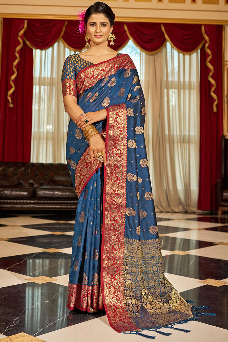 Elaborate Navy Blue Soft Banarasi Silk Saree With Vestigial Blouse Piece