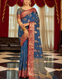 Elaborate Navy Blue Soft Banarasi Silk Saree With Vestigial Blouse Piece