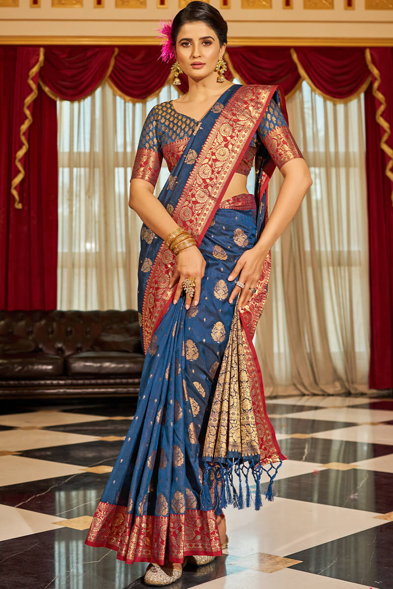 Elaborate Navy Blue Soft Banarasi Silk Saree With Vestigial Blouse Piece