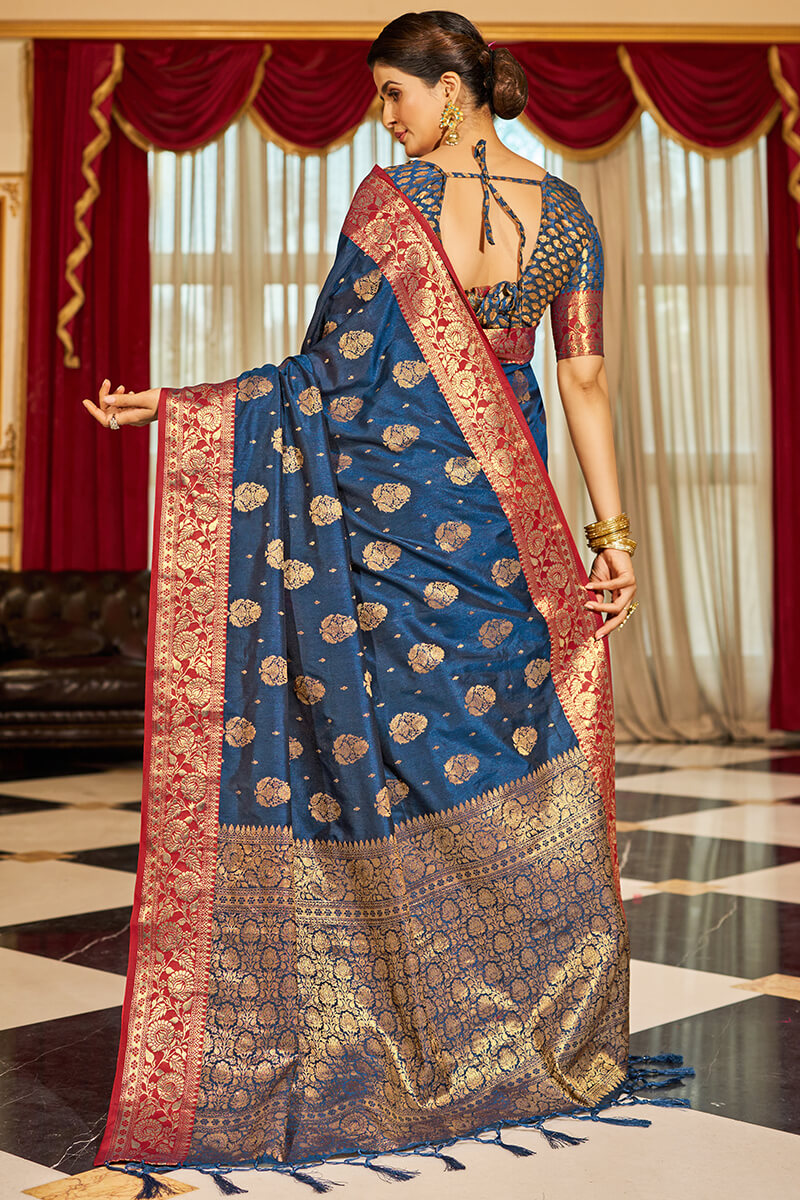 Elaborate Navy Blue Soft Banarasi Silk Saree With Vestigial Blouse Piece