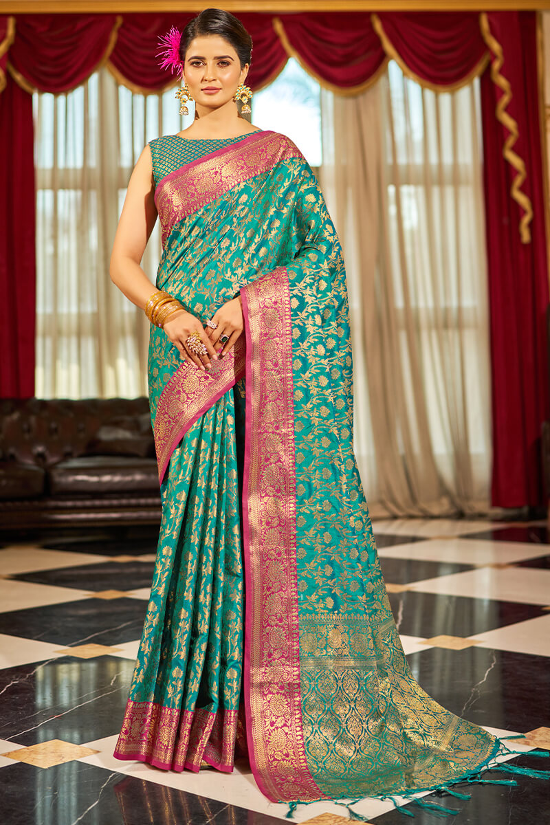 Diaphanous Rama Soft Banarasi Silk Saree With Desirable Blouse Piece