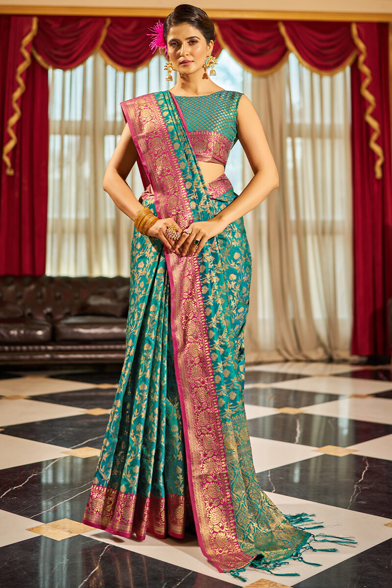 Diaphanous Rama Soft Banarasi Silk Saree With Desirable Blouse Piece