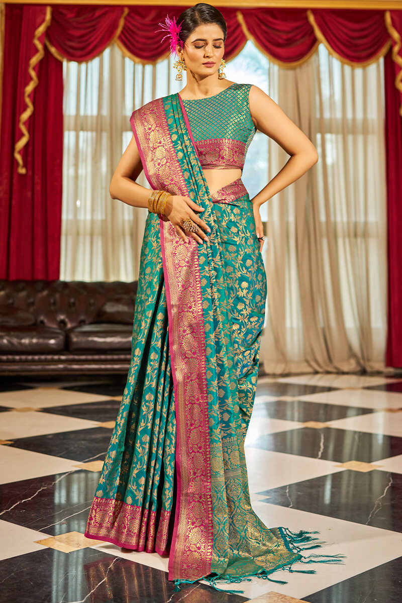 Diaphanous Rama Soft Banarasi Silk Saree With Desirable Blouse Piece