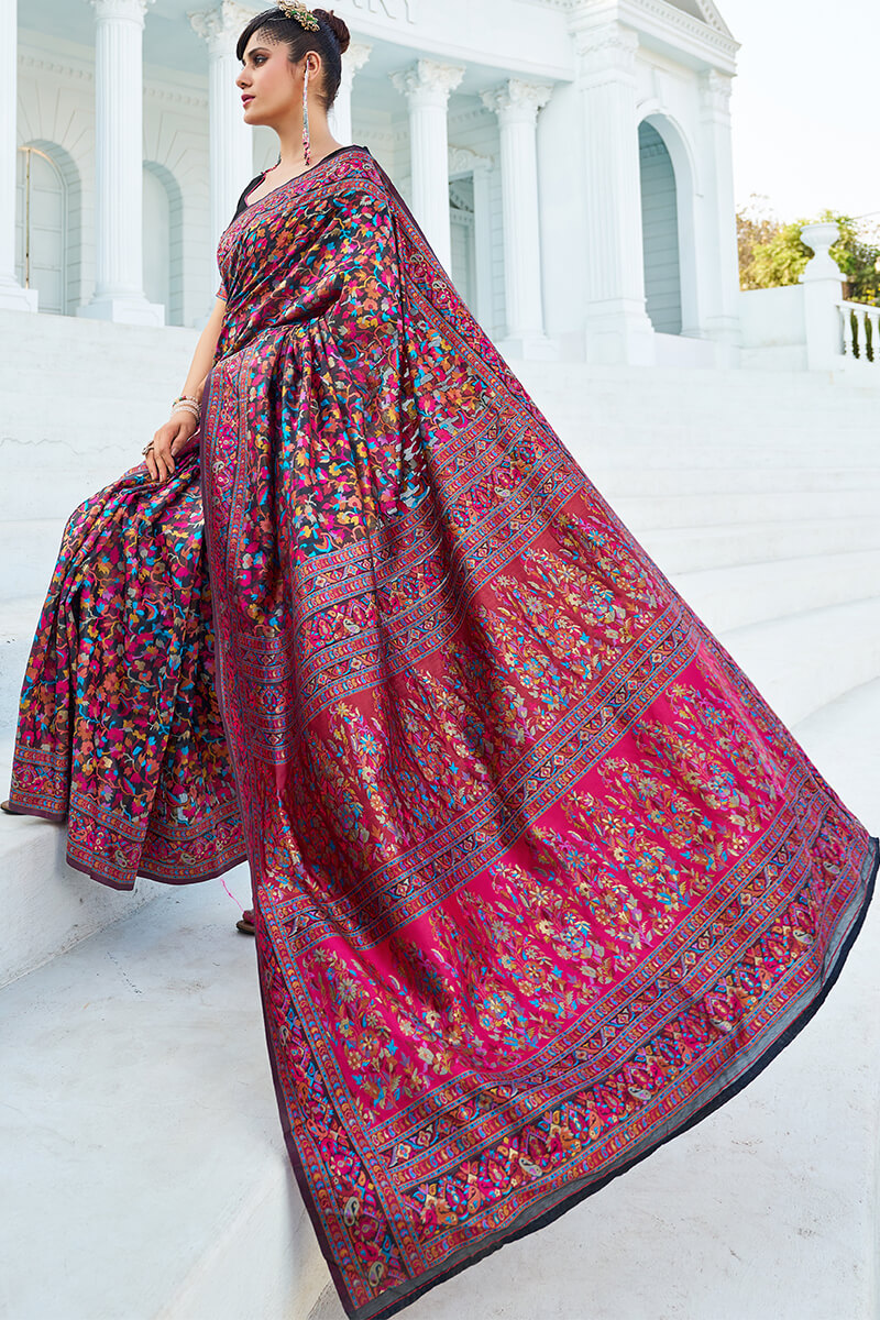 Adorning Black Pashmina saree With Refreshing Blouse Piece