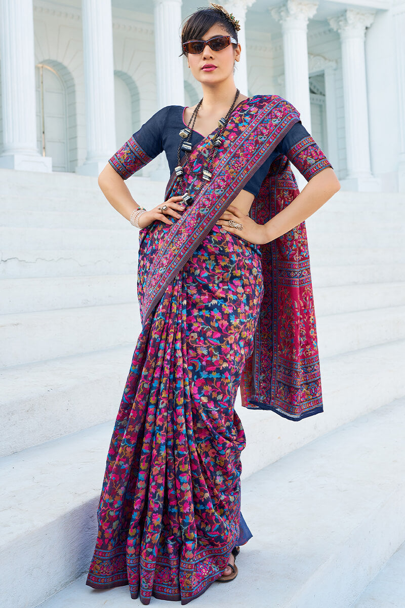 Breathtaking Navy Blue Pashmina saree With Sensational Blouse Piece