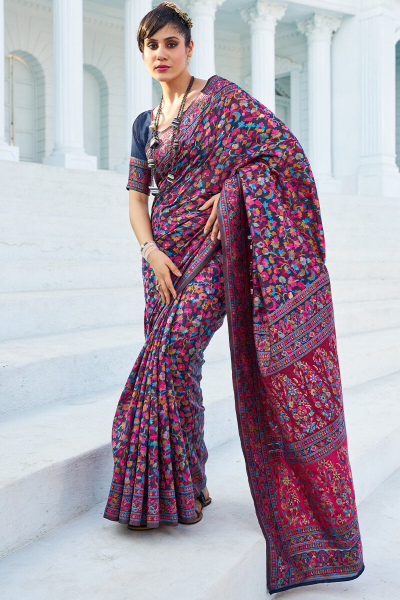 Breathtaking Navy Blue Pashmina saree With Sensational Blouse Piece