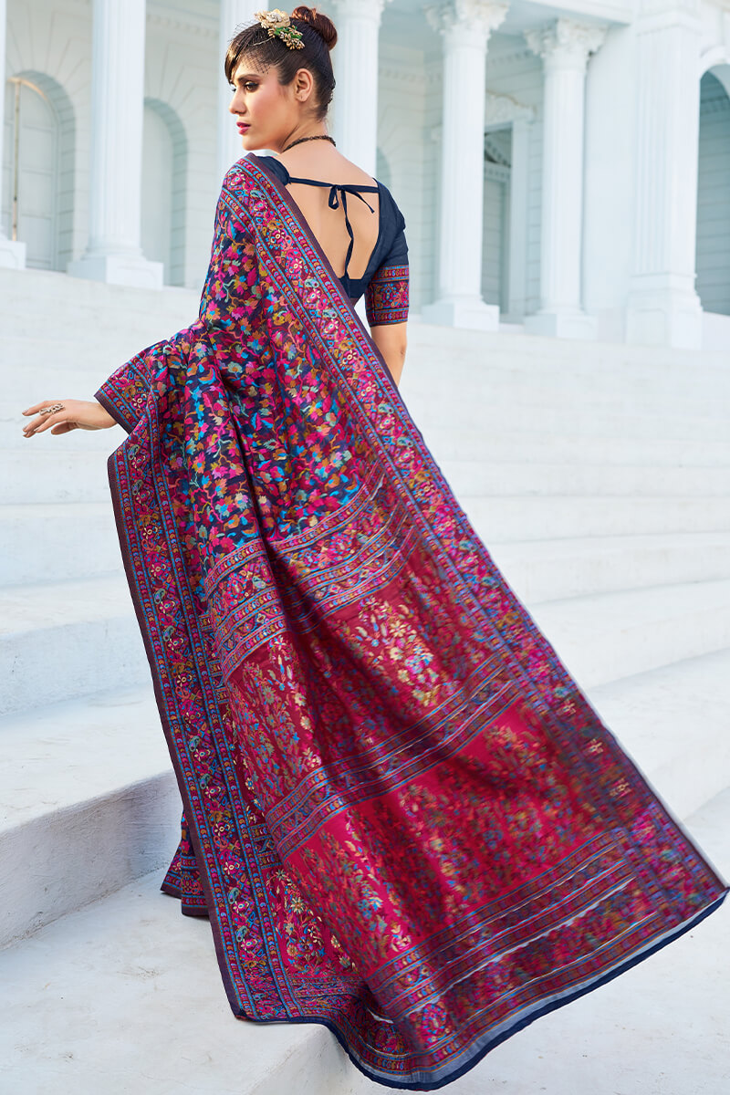 Breathtaking Navy Blue Pashmina saree With Sensational Blouse Piece