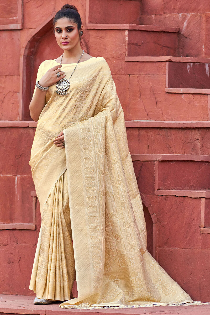 Innovative Beige Kanjivaram Silk Saree With Glorious Blouse Piece