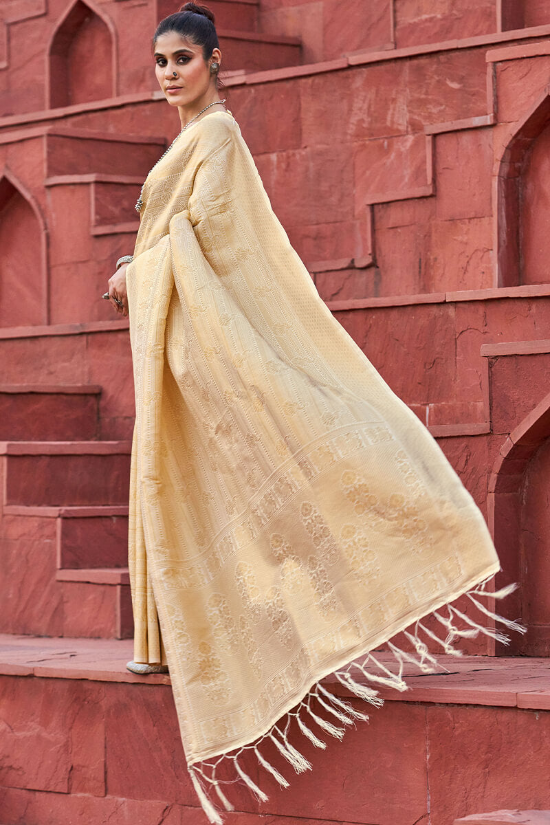 Innovative Beige Kanjivaram Silk Saree With Glorious Blouse Piece