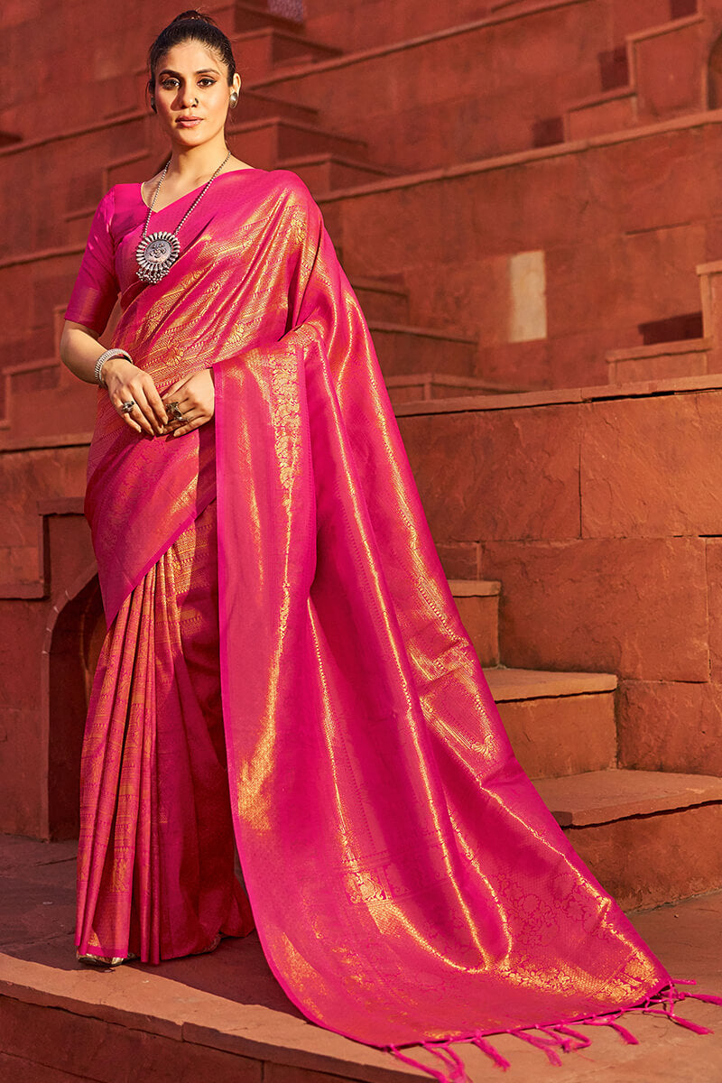 Outstanding Dark Pink Kanjivaram Silk Saree With Precious Blouse Piece