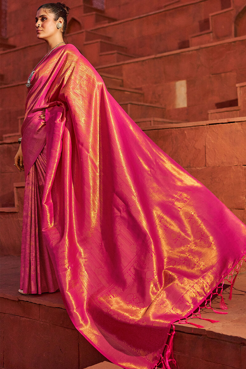 Outstanding Dark Pink Kanjivaram Silk Saree With Precious Blouse Piece