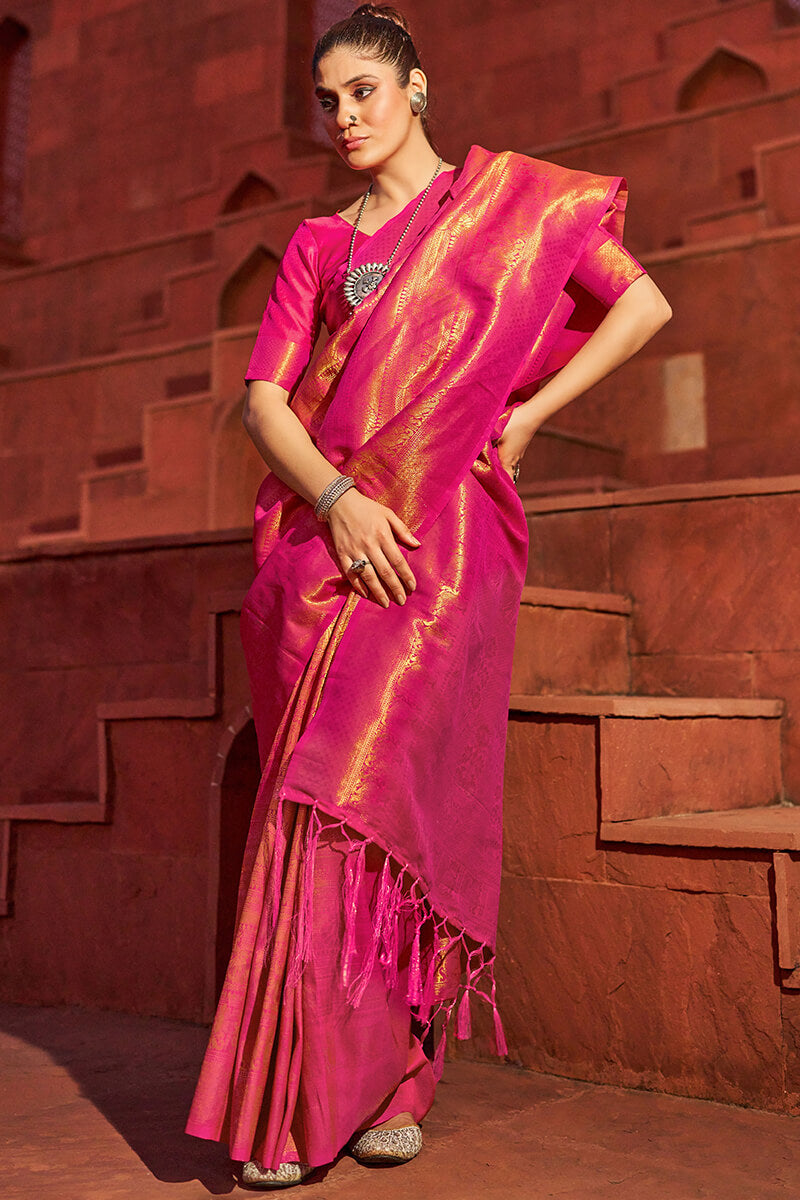 Outstanding Dark Pink Kanjivaram Silk Saree With Precious Blouse Piece