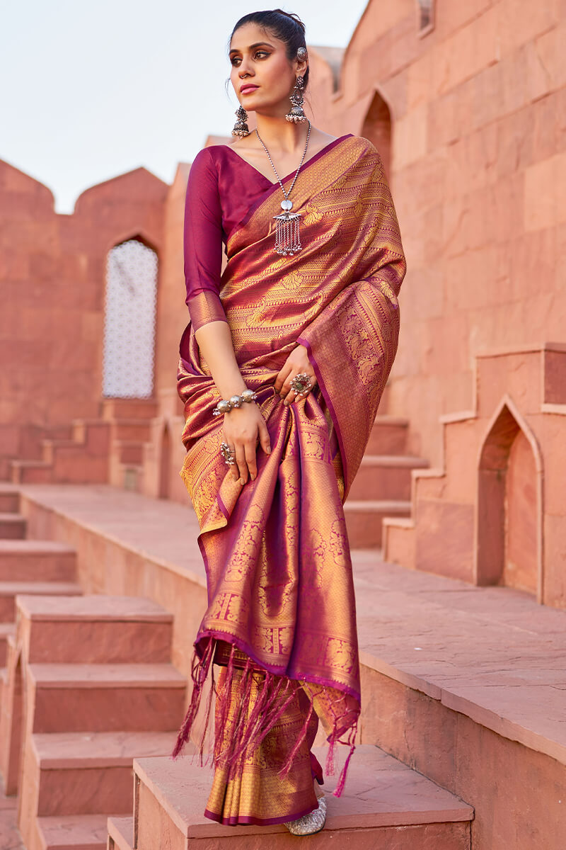 Glorious Purple Kanjivaram Silk Saree With Ebullience Blouse Piece