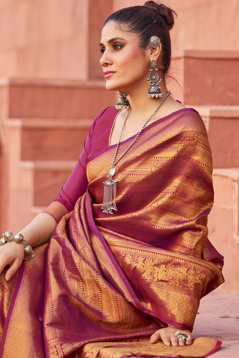 Glorious Purple Kanjivaram Silk Saree With Ebullience Blouse Piece