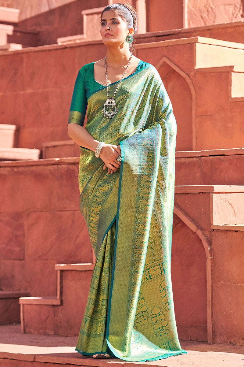 Quintessential Rama Kanjivaram Silk Saree With Artistic Blouse Piece