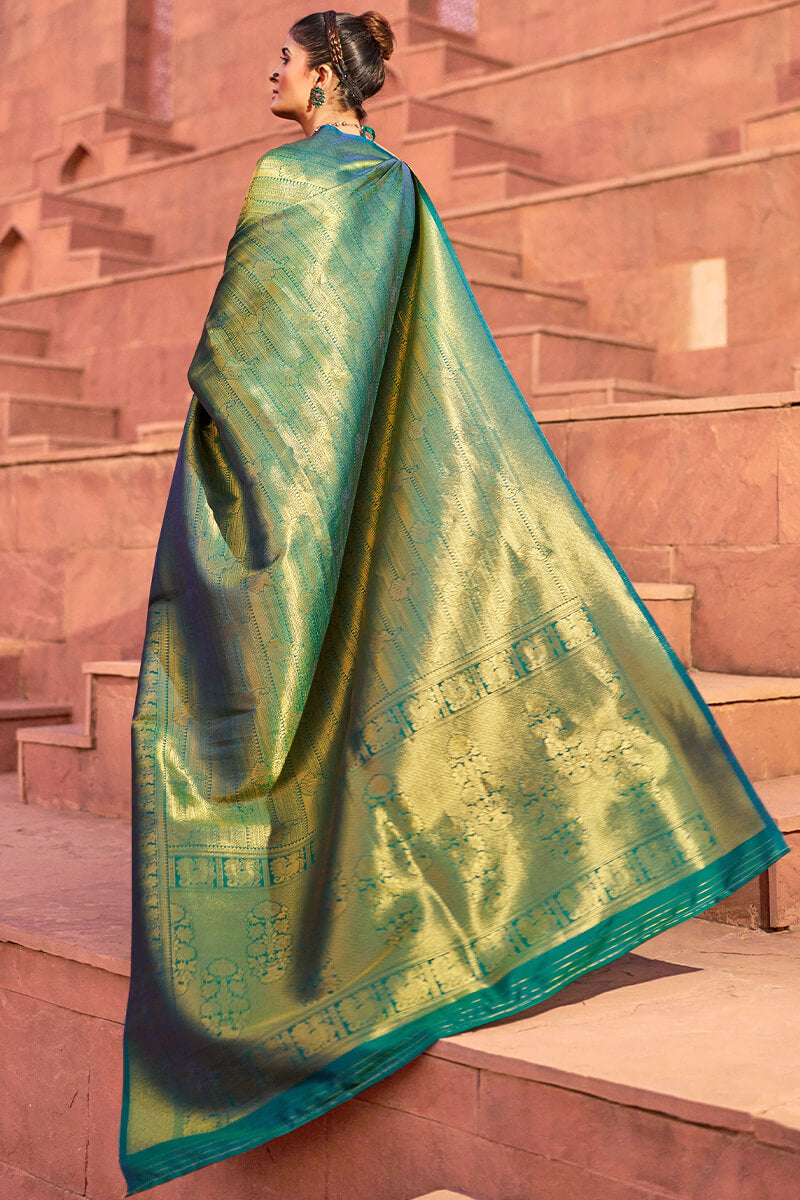 Quintessential Rama Kanjivaram Silk Saree With Artistic Blouse Piece