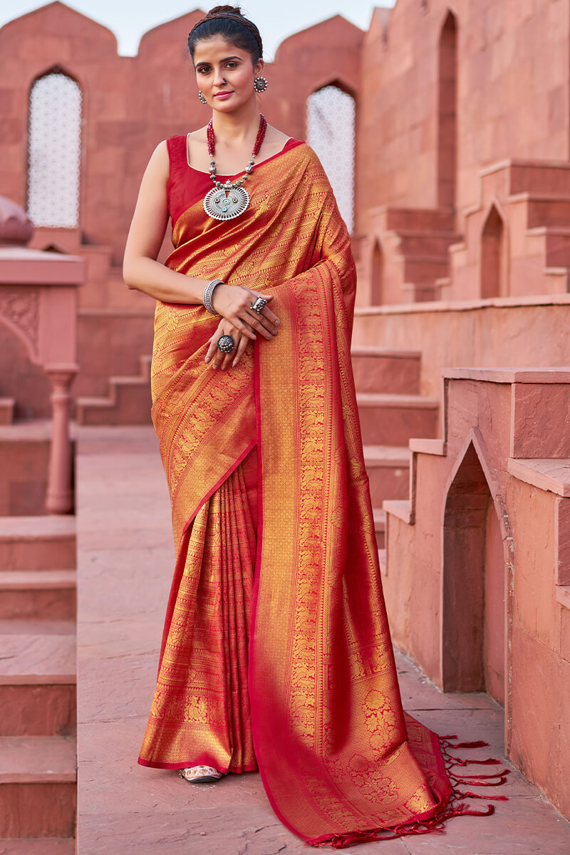 Unequalled Red Kanjivaram Silk Saree With Zephyr Blouse Piece