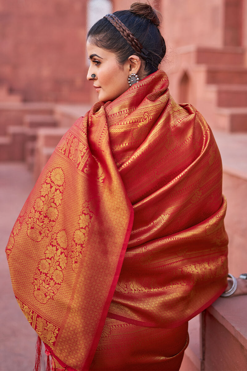 Unequalled Red Kanjivaram Silk Saree With Zephyr Blouse Piece